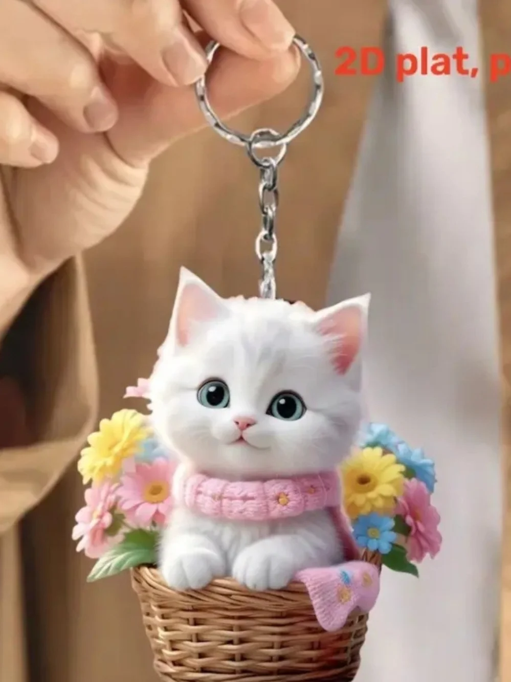 Pink-Scarf White Kitten Sticker with Floral Basket